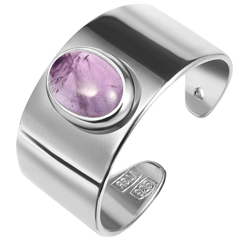 Серебряное кольцо на ногу широкое с аметистом