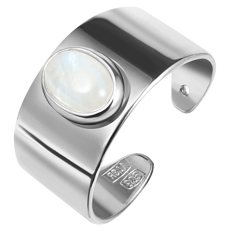 Серебряное кольцо на ногу широкое с лунным камнем